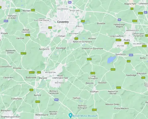 Map view of South Warwickshire showing the areas where aasa care provides home care services